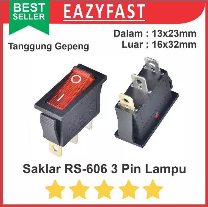 ginee_20241220100640224_6068789936.jpeg Saklar Rocker Switch Tanggung 16x32 Lampu RS-606 3 Pin Kaki 3P 220V AC - Image 1