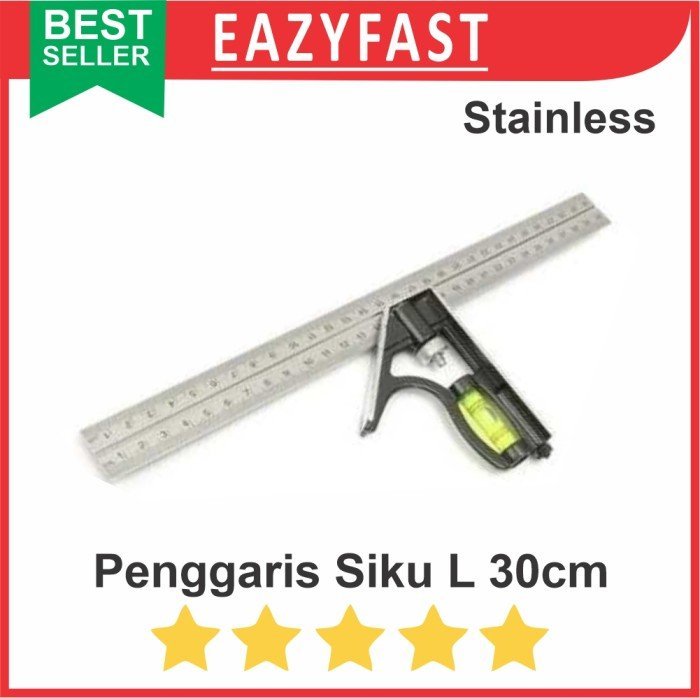 ginee_20241220114132308_8538939845.jpeg Penggaris Siku L + Waterpass Level sudut 90 45 Derajat Stainless 30cm - Image 1