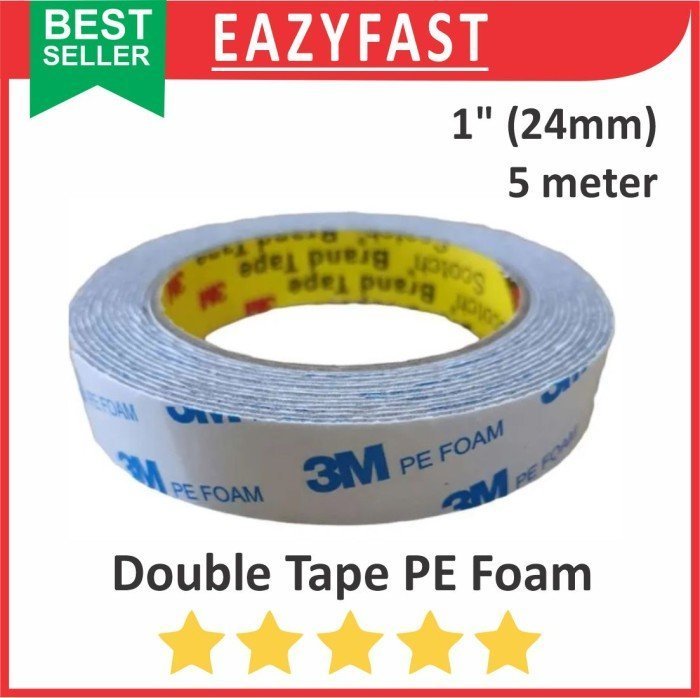 ginee_20250220155532753_7989657048.jpeg Double PE Foam Tape 3M Busa Sponge Putih Abu 1 Inch 24mm 5m Lakban Isolasi Selotip Esolasi Lem Tebal - Image 1