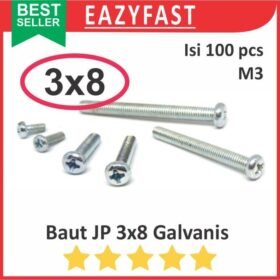 Baut JP M3 8mm 3x8 3 x 8 mm M3x8 Galvanis Putih Phillips Screw Drat Halus Pack 100Pcs Skrup Sekrup