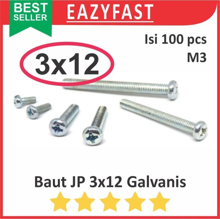 ginee_20250224163816864_3062635663.jpeg Baut JP M3 12mm 3x12 3 x 12 mm M3x12 Galvanis Putih Phillips Screw Drat Halus Pack isi 100 Pcs Skrup - Image 1