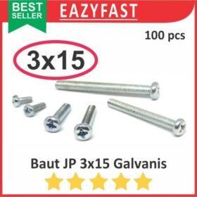 Baut JP M3 15mm 3x15 3 x 15 mm M3x15 Galvanis Putih Phillips Screw Drat Halus Pack isi 100 Pcs Skrup