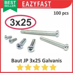Baut JP M3 25mm 3x25 3 x 25 mm M3x25 Galvanis Putih Phillips Screw Drat Halus Pack isi 100 Pcs Skrup