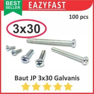 Baut JP M3 30mm 3x30 3 x 30 mm M3x30 Galvanis Putih Phillips Screw Drat Halus Pack isi 100 Pcs Skrup