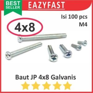 Baut JP M4 8mm 4x8 4 x 8 mm M4x8 Galvanis Putih Phillips Screw Drat Halus Pack 100 Pcs Skrup Sekrup