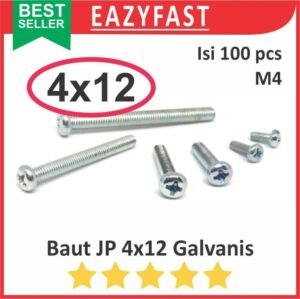 Baut JP M4 12mm 4x12 4 x 12 mm M4x12 Galvanis Putih Phillips Screw Drat Halus Pack isi 100 Pcs Skrup