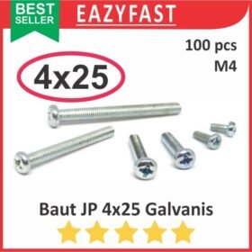 Baut JP M4 25mm 4x25 4 x 25 mm M4x25 Galvanis Putih Phillips Screw Drat Halus Pack isi 100 Pcs Skrup