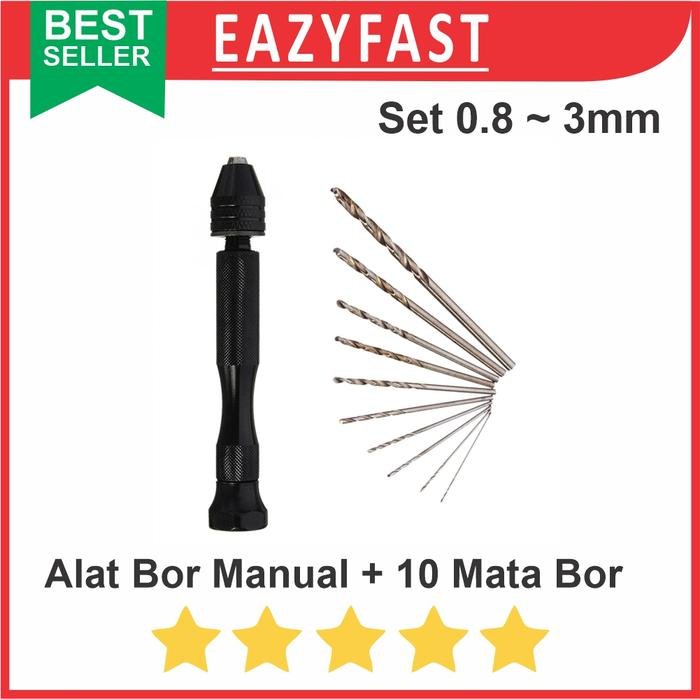 ginee_20250922143610723_8613241841.jpeg Alat Bor Mini Manual Drill Twist Set 10 Mata Bor HSS Bit Kayu Plastik - Image 1