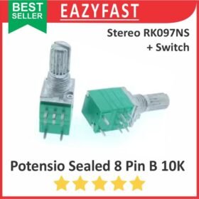 Potensiometer Sealed Stereo Switch B10K 10K B 10 K Ohm 8P 8 P Pin Kaki Potensio Potentio Meter Saklar Volume Audio Hijau Linear Seal RK097NS RK 097 NS Potentiometer