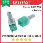 Potensiometer Sealed Stereo Switch B100K 100K B 100 K Ohm 8P 8 P Pin Kaki Potensio Potentio Meter Saklar Volume Audio Hijau Linear Seal RK097NS RK 097 NS Potentiometer