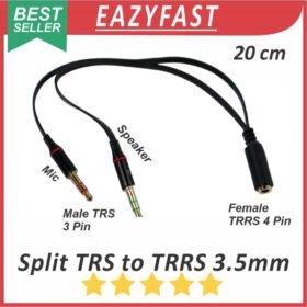 Kabel Splitter Audio 2 Male TRS to 1 Male TRRS 3.5mm Mic Microphone Speaker Headset Pisah 3 4 Pin Ring