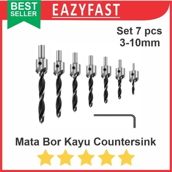 ginee_20250922121429008_0004480603.jpeg Mata Bor Kayu Countersink Baut Skrup HSS 3-10mm Set 7 Wood Drill Bit - Image 1