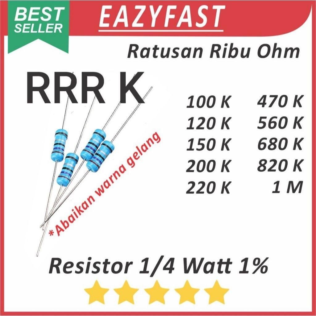 ginee_20260520153140740_1427662659.jpeg Resistor 1/4W Metal Film 1% R 100K 120K 150K 200K 220K 330K 470K 560K 680K 820K 1M 1.5M 1M5 100 120 150 200 220 330 470 560 680 820 K 1 1.5 M Ohm 1/4 W Watt - Image 1