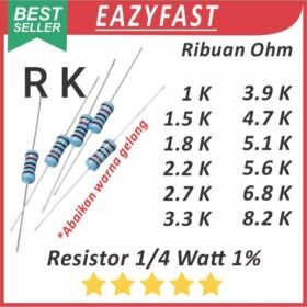 Resistor 1/4W Metal Film 1% R 1K 1.5K 1.8K 2.2K 2.7K 3.3K 3.9K 4.7K 5.1K 5.6K 6.8K 8.2K 1K5 1K8 2K2 2K7 3K3 3K9 4K7 5K1 5K6 6K8 8K2 1.5 1.8 2.2 2.7 3.3 3.9 4.7 5.1 5.6 6.8 8.2 K Ohm 1/4 W Watt